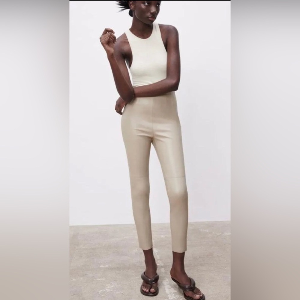 Zara Cream Faux Leather Pants - Picture 3 of 8